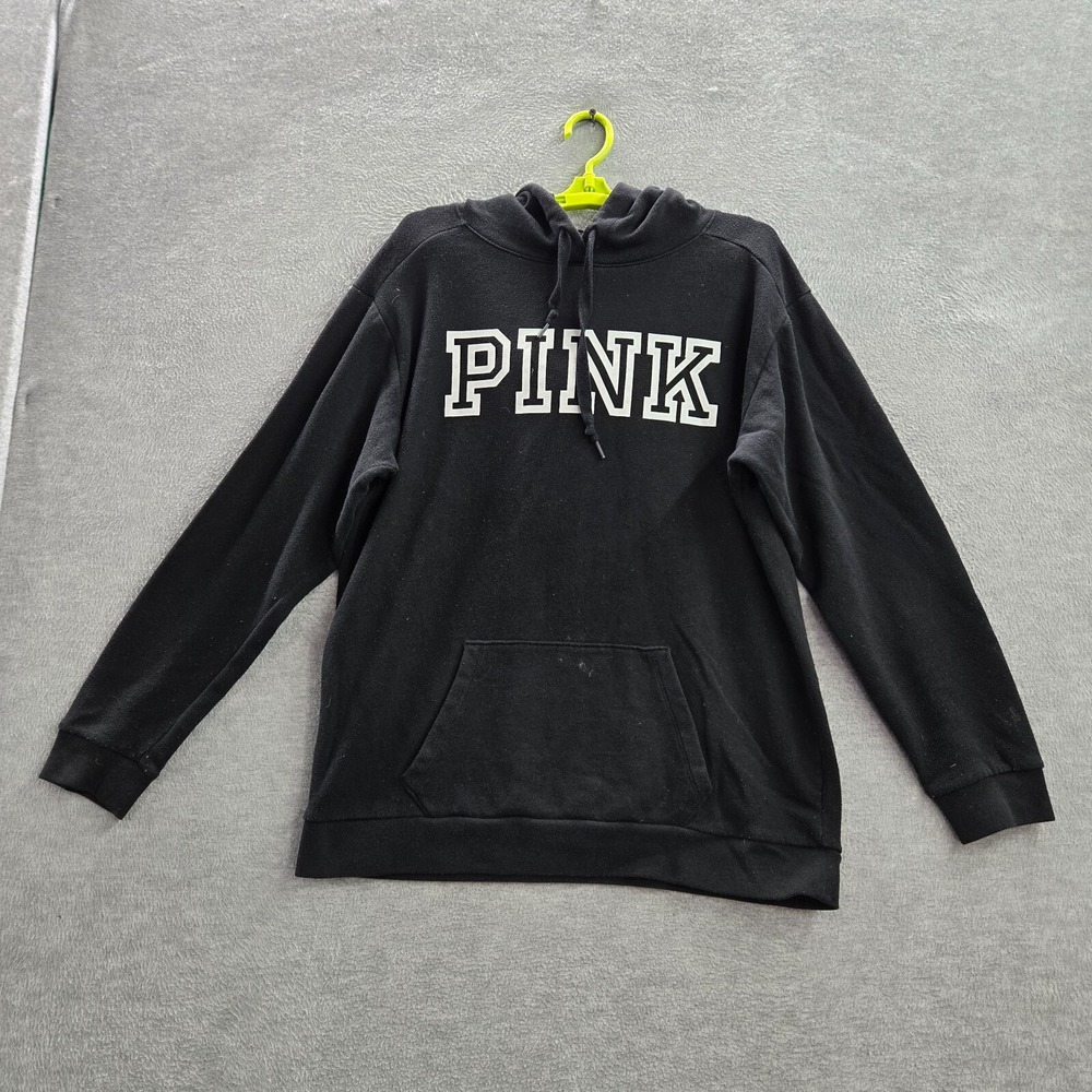 Pink Victorias Secret Women Sweatshirt Medium Black Hoodie‎ Logo Pockets